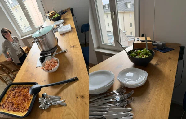 Beim gemeinsamen Mittagessen gab es gemischten Salat, Gnocci-Pfanne mit Garnelen und zum Nachtisch Crème brûlée.